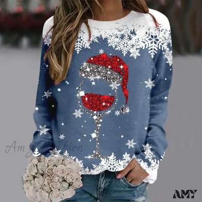 Reindeer Graphic Long Sleeve Sweatshirt - New Year Christmas Sweater 1-Blue / S