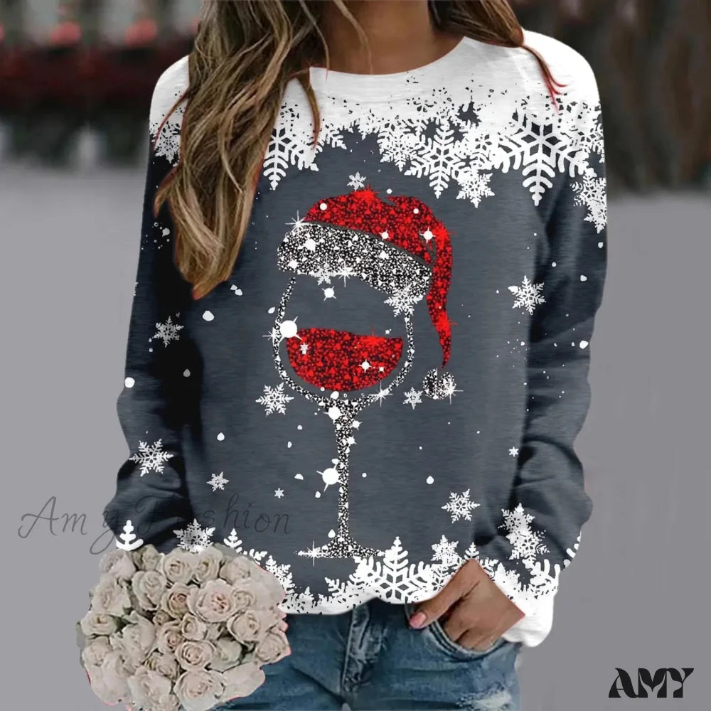 Reindeer Graphic Long Sleeve Sweatshirt - New Year Christmas Sweater 1-Dark Gray / S