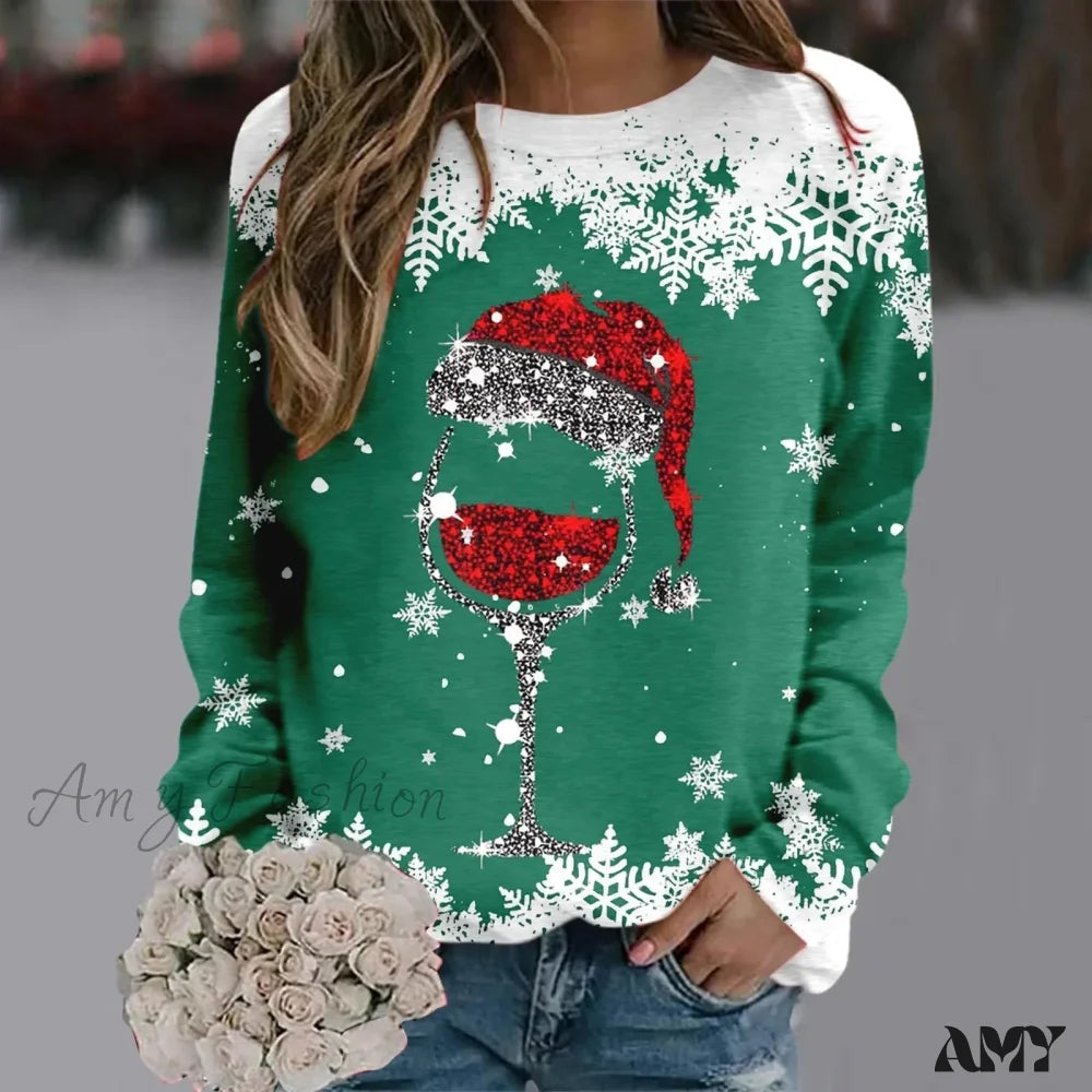 Reindeer Graphic Long Sleeve Sweatshirt - New Year Christmas Sweater 1-Green / S