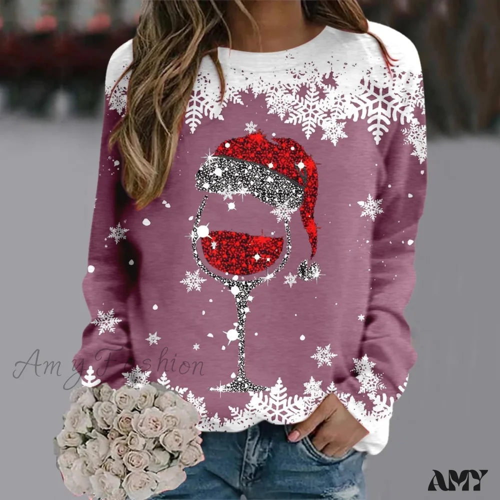 Reindeer Graphic Long Sleeve Sweatshirt - New Year Christmas Sweater 1-Hot Pink / S