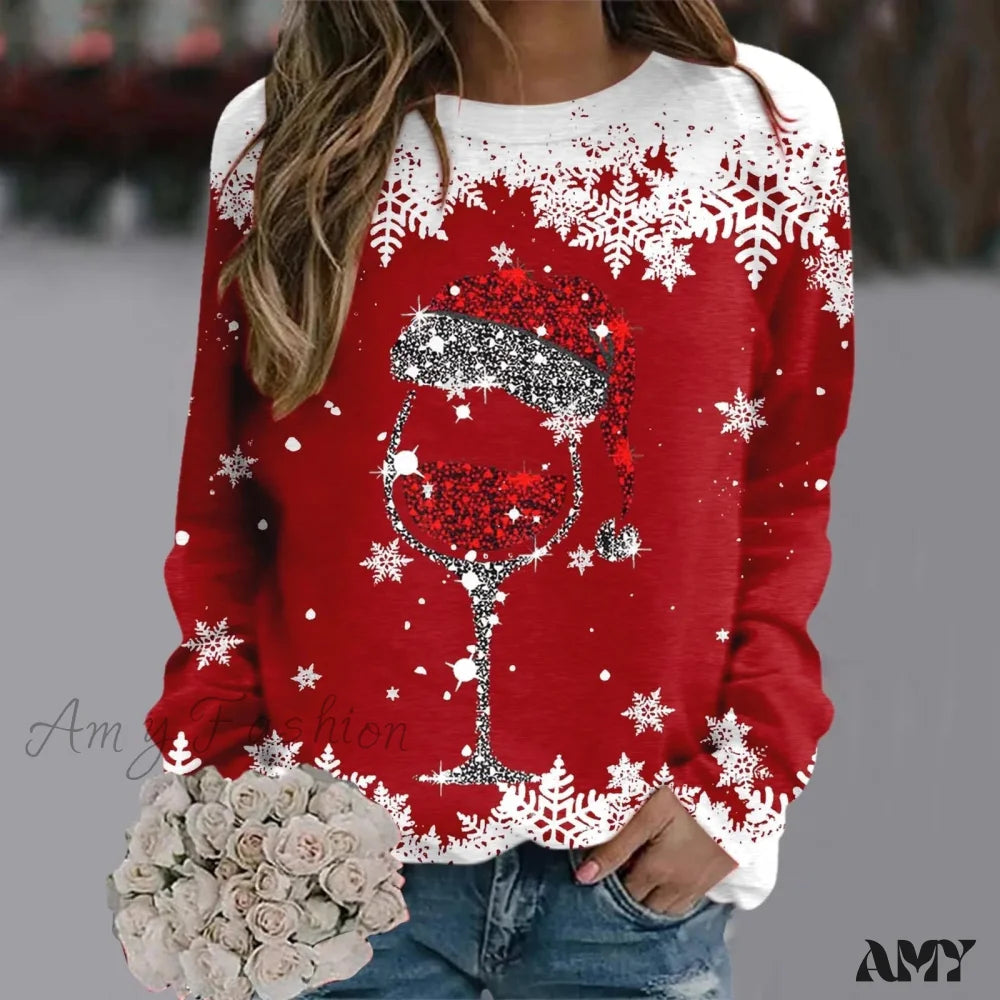 Reindeer Graphic Long Sleeve Sweatshirt - New Year Christmas Sweater 1-Red / S