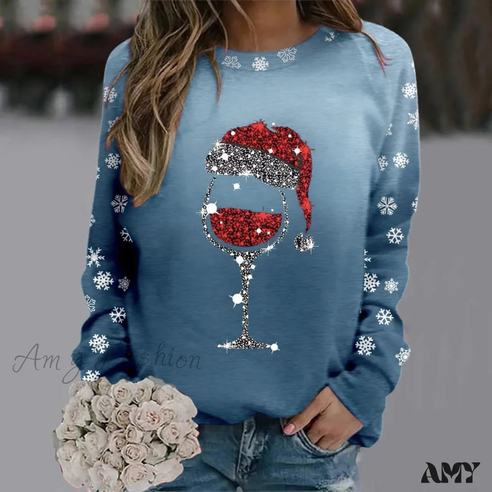 Reindeer Graphic Long Sleeve Sweatshirt - New Year Christmas Sweater 2-Blue / S