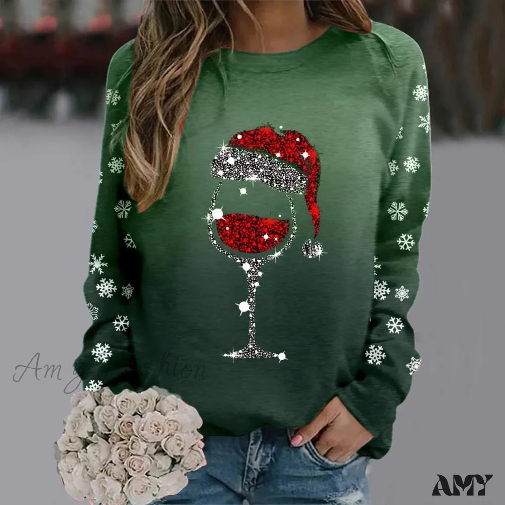 Reindeer Graphic Long Sleeve Sweatshirt - New Year Christmas Sweater 2-Green / S