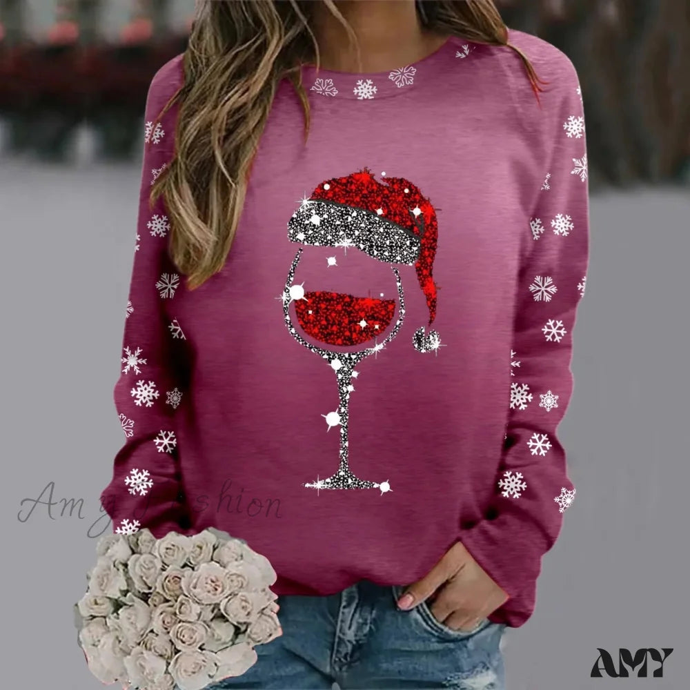 Reindeer Graphic Long Sleeve Sweatshirt - New Year Christmas Sweater 2-Hot Pink / S