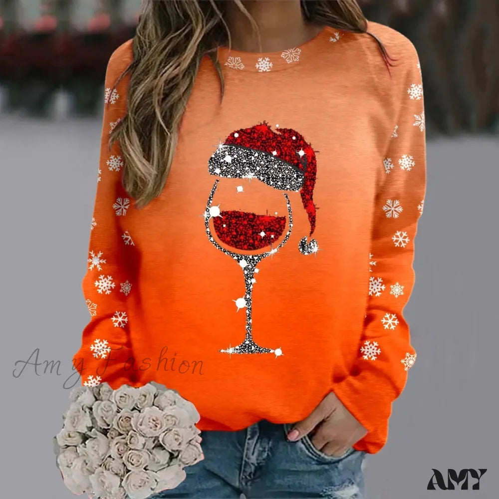 Reindeer Graphic Long Sleeve Sweatshirt - New Year Christmas Sweater 2-Orange / S