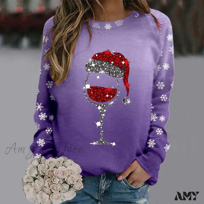 Reindeer Graphic Long Sleeve Sweatshirt - New Year Christmas Sweater 2-Purple / S