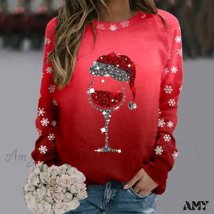 Reindeer Graphic Long Sleeve Sweatshirt - New Year Christmas Sweater 2-Red / S