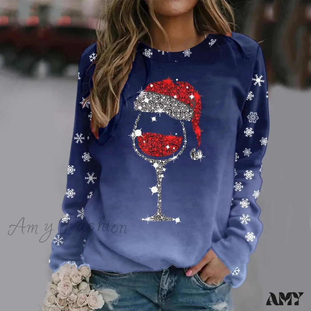 Reindeer Graphic Long Sleeve Sweatshirt - New Year Christmas Sweater 3-Blue / S