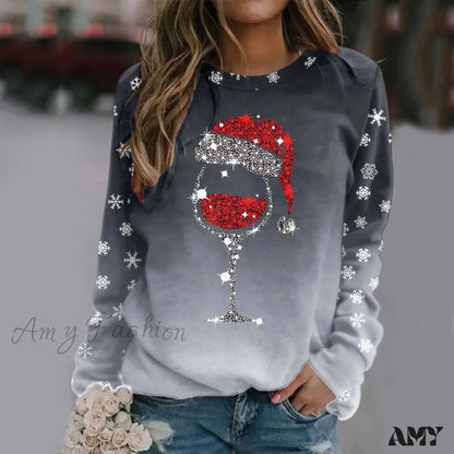 Reindeer Graphic Long Sleeve Sweatshirt - New Year Christmas Sweater 3-Grey / S