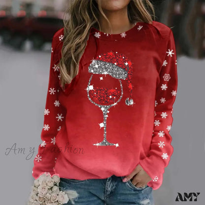 Reindeer Graphic Long Sleeve Sweatshirt - New Year Christmas Sweater 3-Red / S