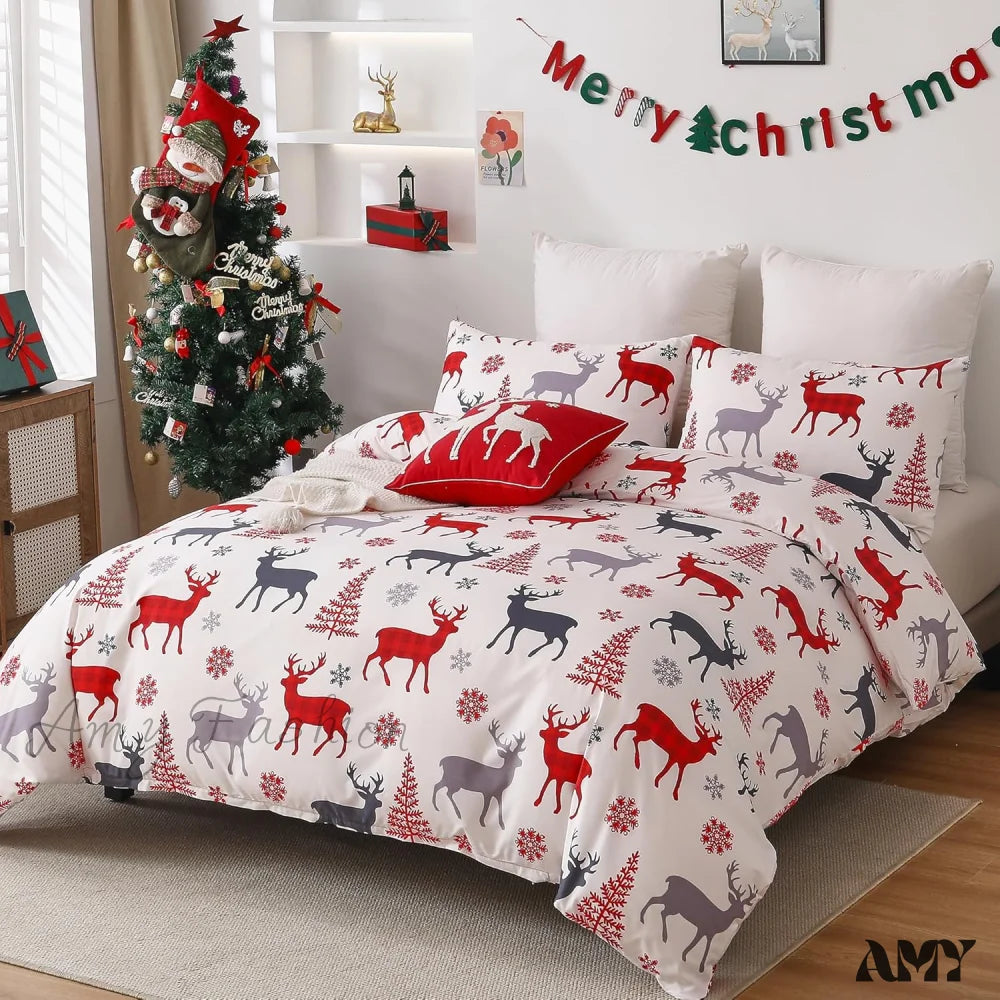 Reindeer Snowflakes King Size Duvet Cover Set - 3 Piece