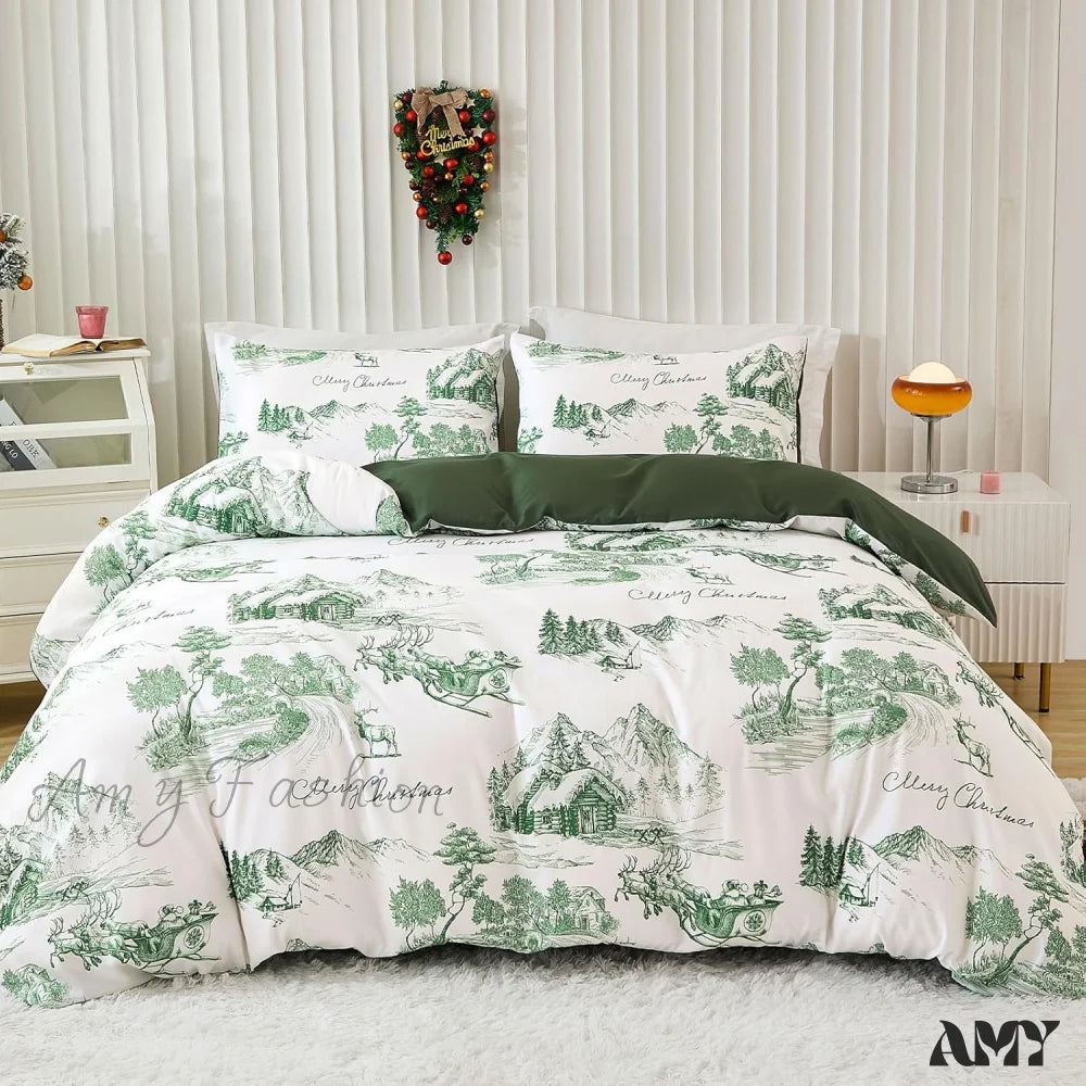 Reindeer Snowflakes King Size Duvet Cover Set - 3 Piece Green / Queen