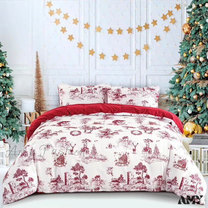 Reindeer Snowflakes King Size Duvet Cover Set - 3 Piece Red Christmas / Queen