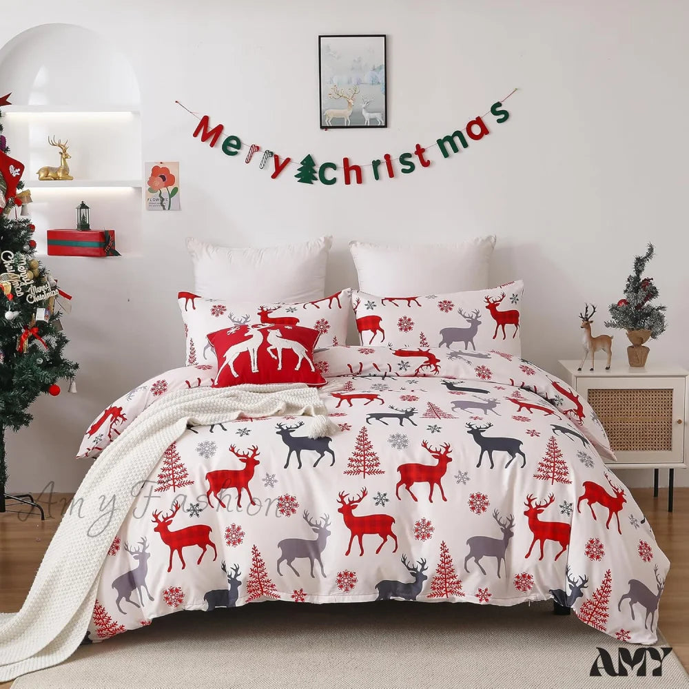 Reindeer Snowflakes King Size Duvet Cover Set - 3 Piece Red / Queen