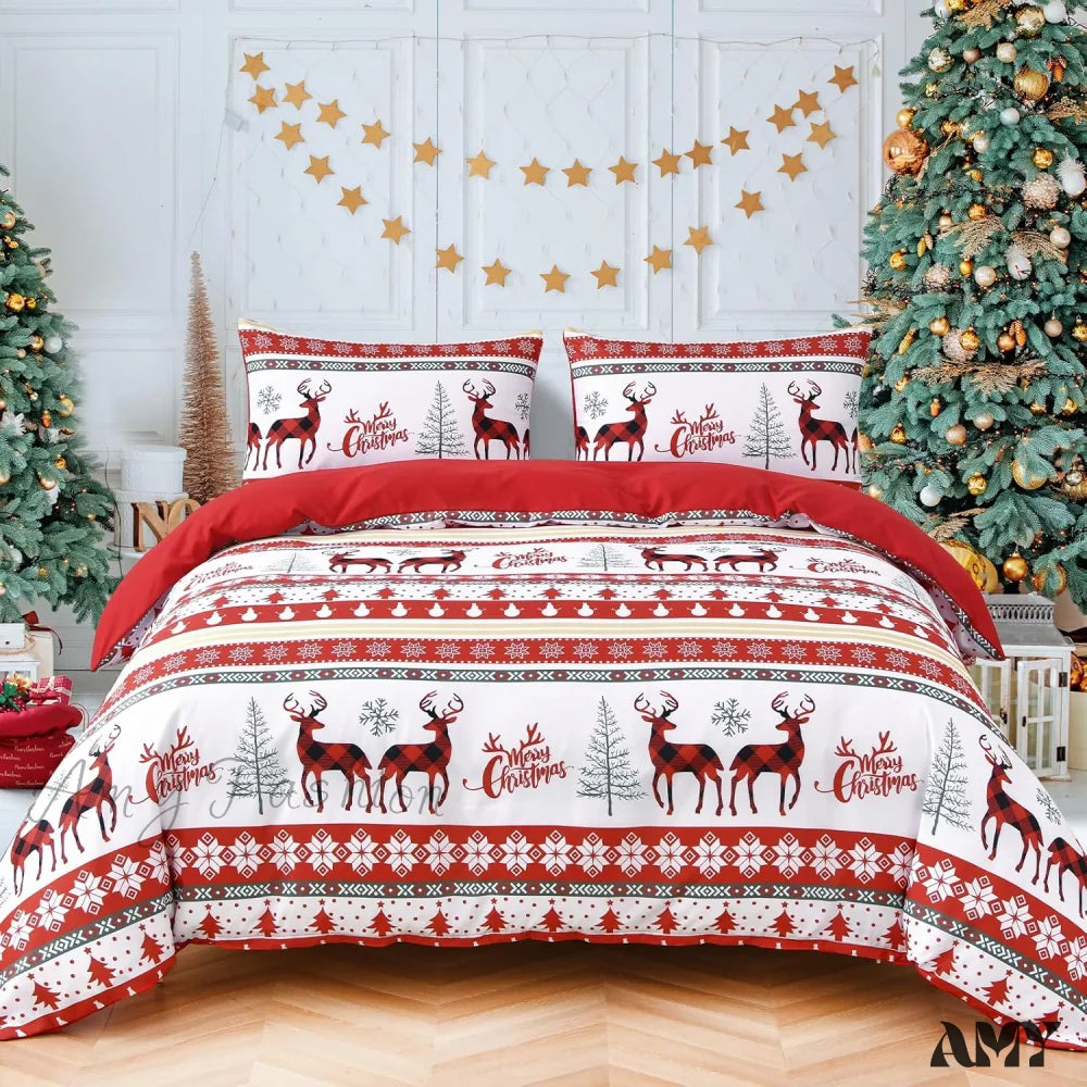 Reindeer Snowflakes King Size Duvet Cover Set - 3 Piece Stripes Christmas / Queen