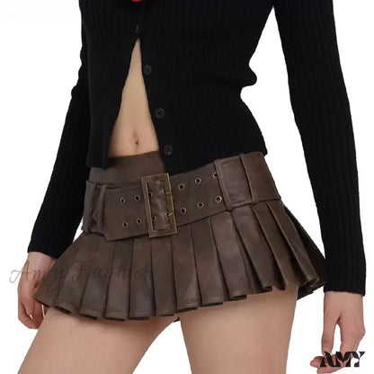 Retro Buckle Belt Low Waist Sexy Leather Pleated Mini Skirt