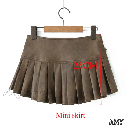 Retro Buckle Belt Low Waist Sexy Leather Pleated Mini Skirt