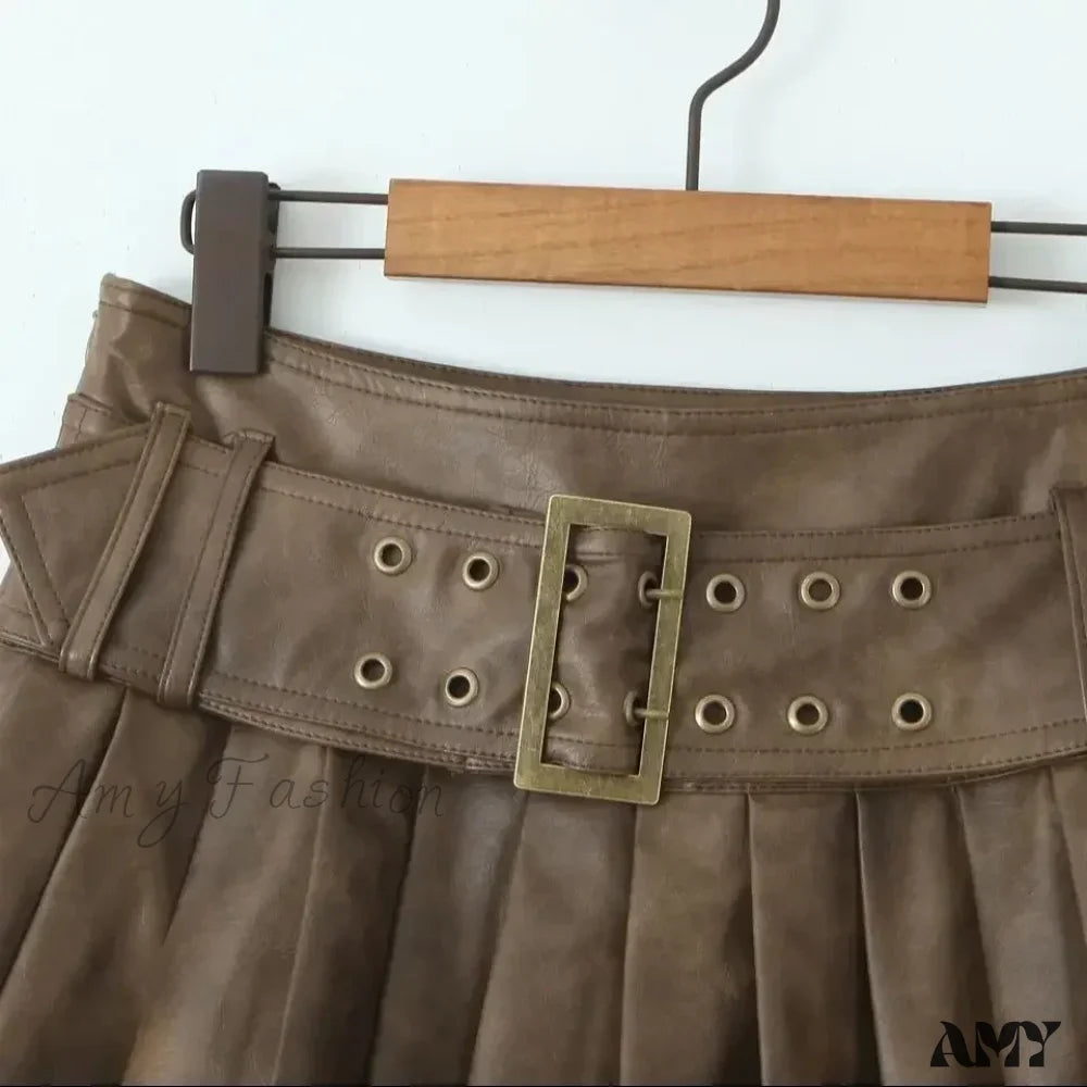 Retro Buckle Belt Low Waist Sexy Leather Pleated Mini Skirt