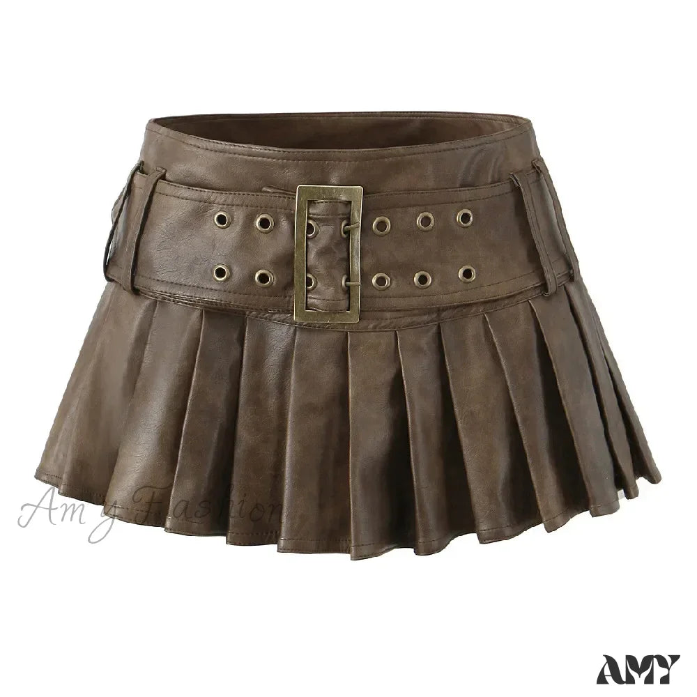 Retro Buckle Belt Low Waist Sexy Leather Pleated Mini Skirt Brown / S