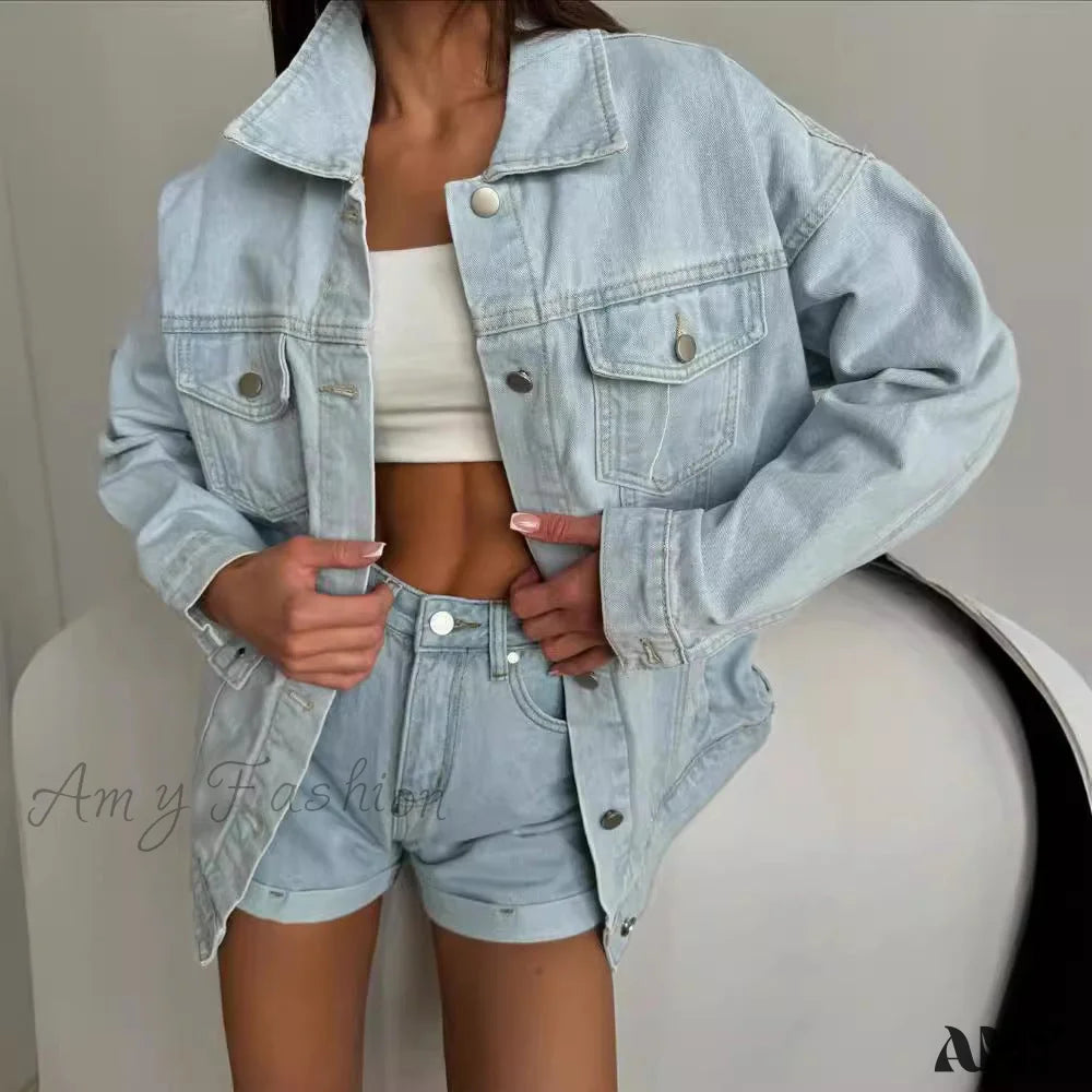 Retro Casual Chic High Waist Shirt Denim Suit