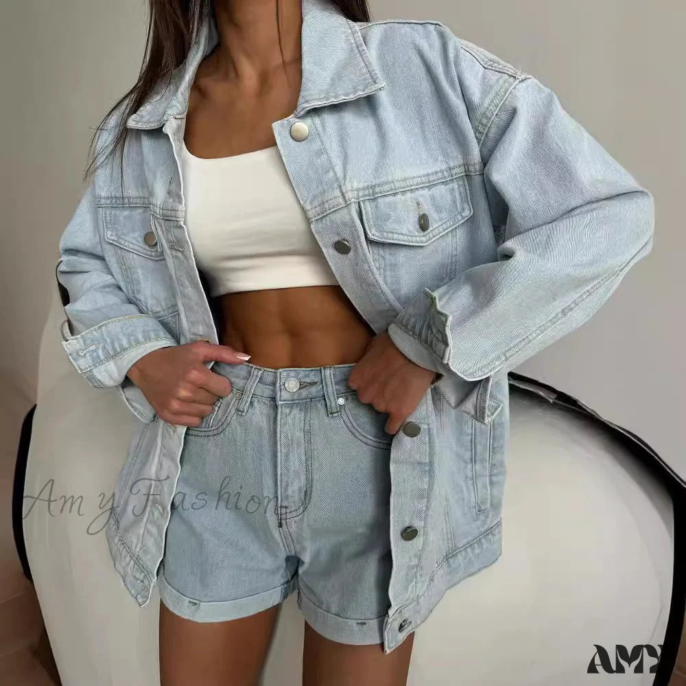 Retro Casual Chic High Waist Shirt Denim Suit