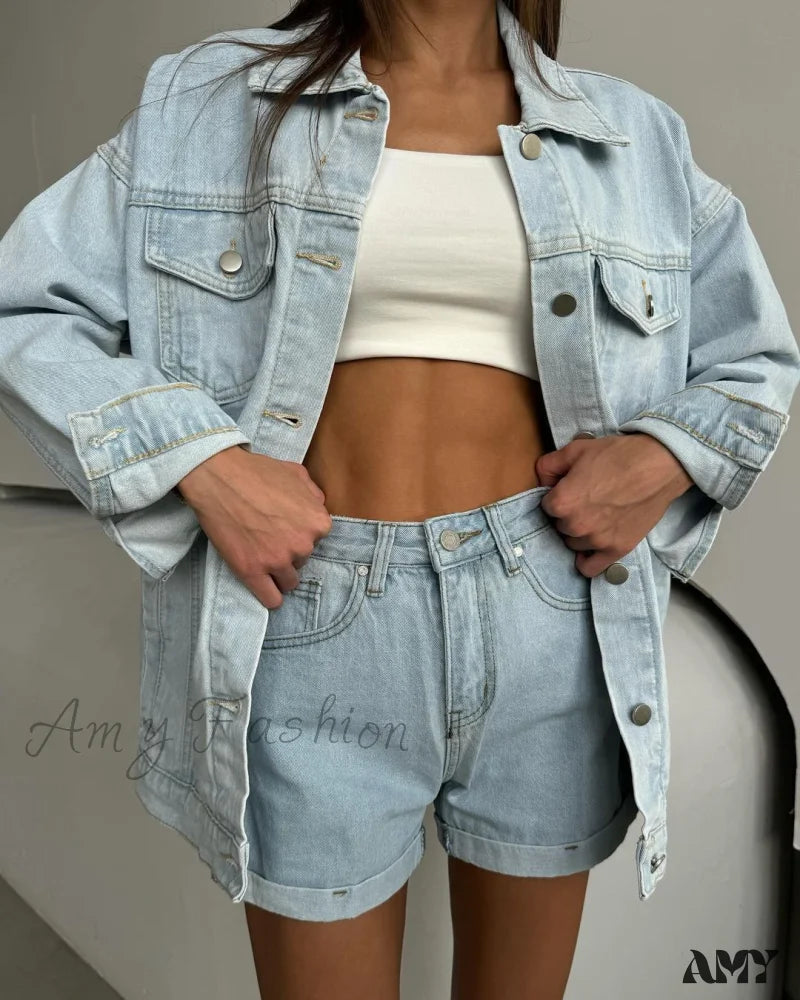 Retro Casual Chic High Waist Shirt Denim Suit Light Blue / S