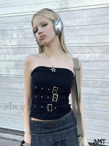 Retro Crop Streetwear Black Gothic Punk Corset Top Buckle Grunge Bandage Y2K