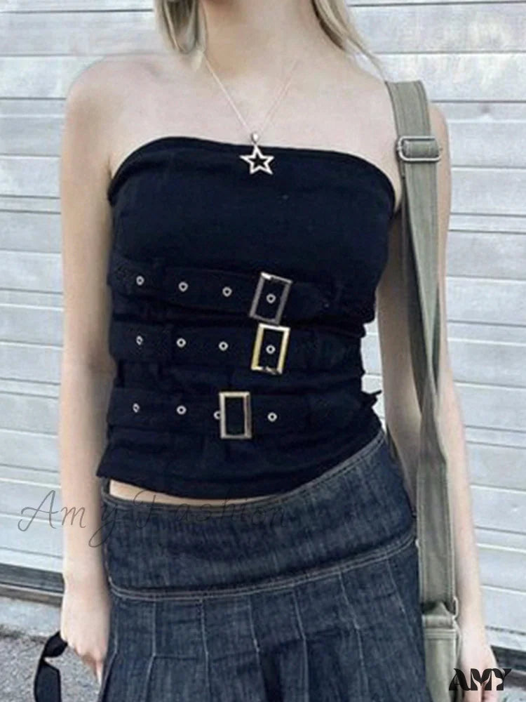 Retro Crop Streetwear Black Gothic Punk Corset Top Buckle Grunge Bandage Y2K / S