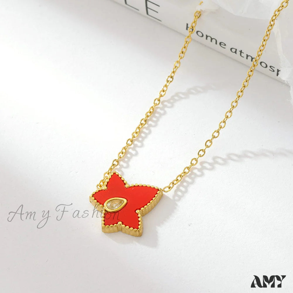 Retro Personalized Pentagonal Heart Clavicle Necklace Gold + Red