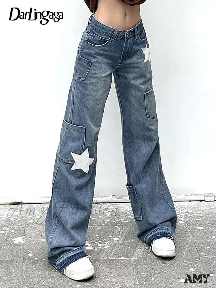 Retro Stylish Flared Distressed Trendy Starry Chic Comfortable Vintage Unique Jean Blue / S