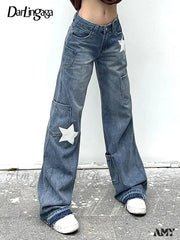 Retro Stylish Flared Distressed Trendy Starry Chic Comfortable Vintage Unique Jean Blue / S