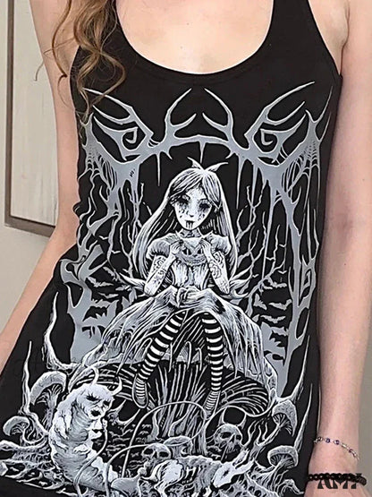 Retro Top Neck Crop Gothic Sleeveless Graphic Round