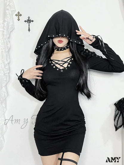 Retro Vintage Street Waist Dress Strap Dark Pentagram Mini Sleeve Punk Long High Hooded New Sexy