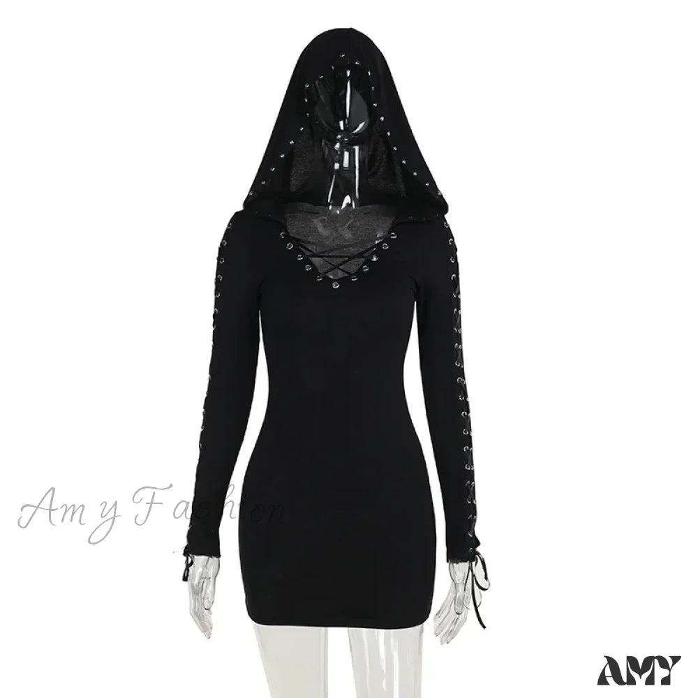 Retro Vintage Street Waist Dress Strap Dark Pentagram Mini Sleeve Punk Long High Hooded New Sexy