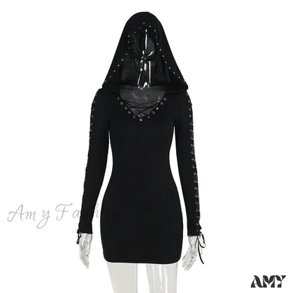 Retro Vintage Street Waist Dress Strap Dark Pentagram Mini Sleeve Punk Long High Hooded New Sexy