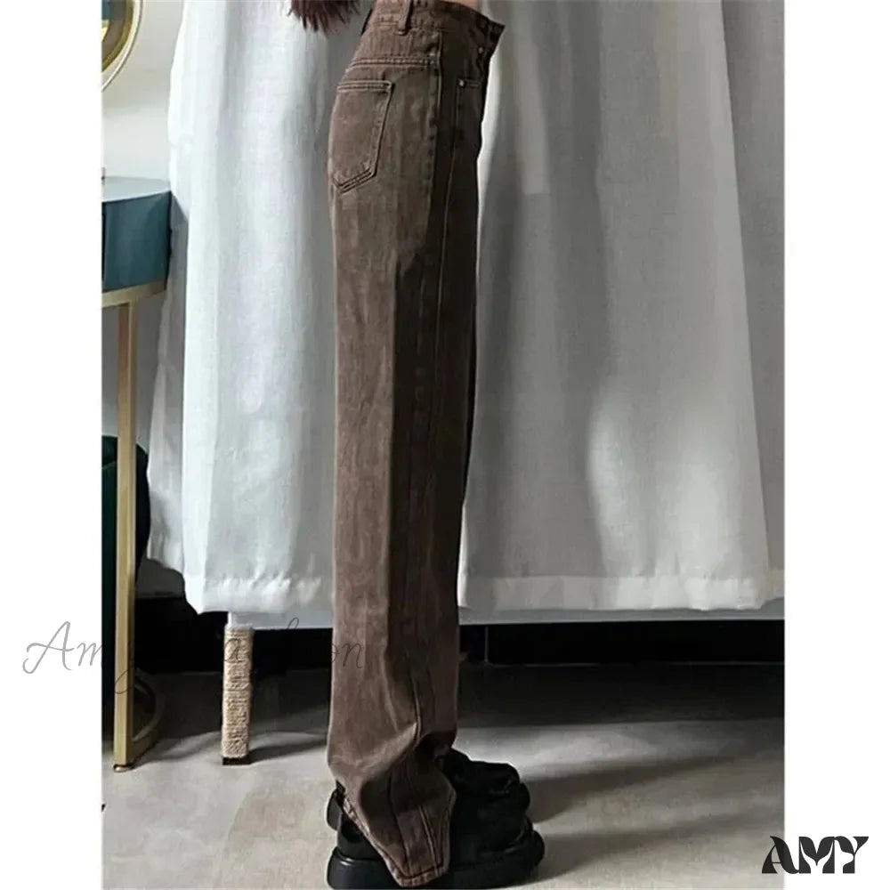 Retro Y2K Brown Wide Leg Irregular Baggy 90S Solid High Waist Comfortable Jeans