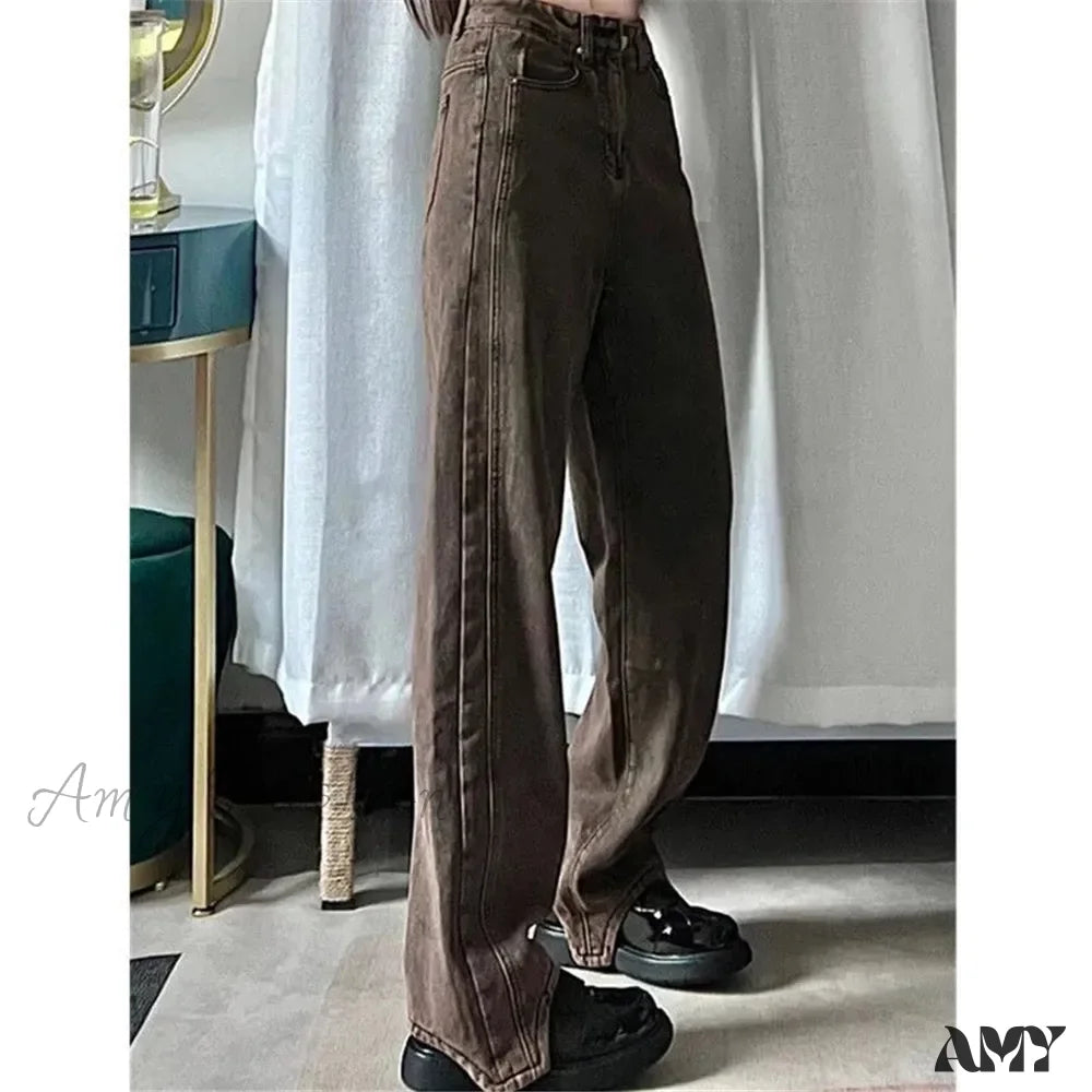 Retro Y2K Brown Wide Leg Irregular Baggy 90S Solid High Waist Comfortable Jeans