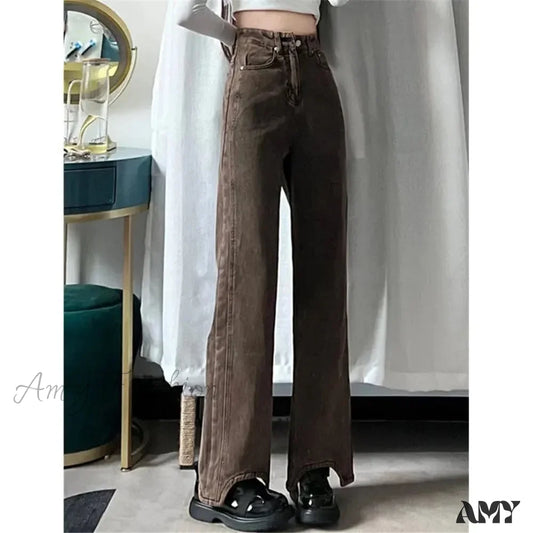 Retro Y2K Brown Wide Leg Irregular Baggy 90S Solid High Waist Comfortable Jeans / S