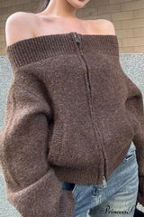 Retro Zip Off-Shoulder Slim-Fit One-Size Knit Cardigan Brown / One Size