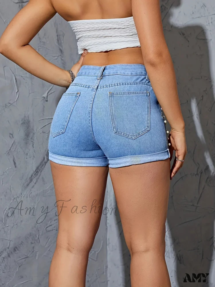 Rhinestone Ripped Splice High Bodycon Pocket Button Trouser Short