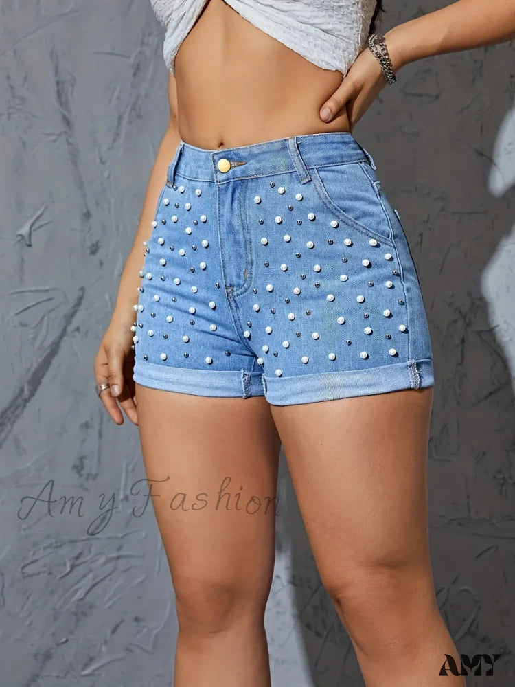 Rhinestone Ripped Splice High Bodycon Pocket Button Trouser Short Blue / S