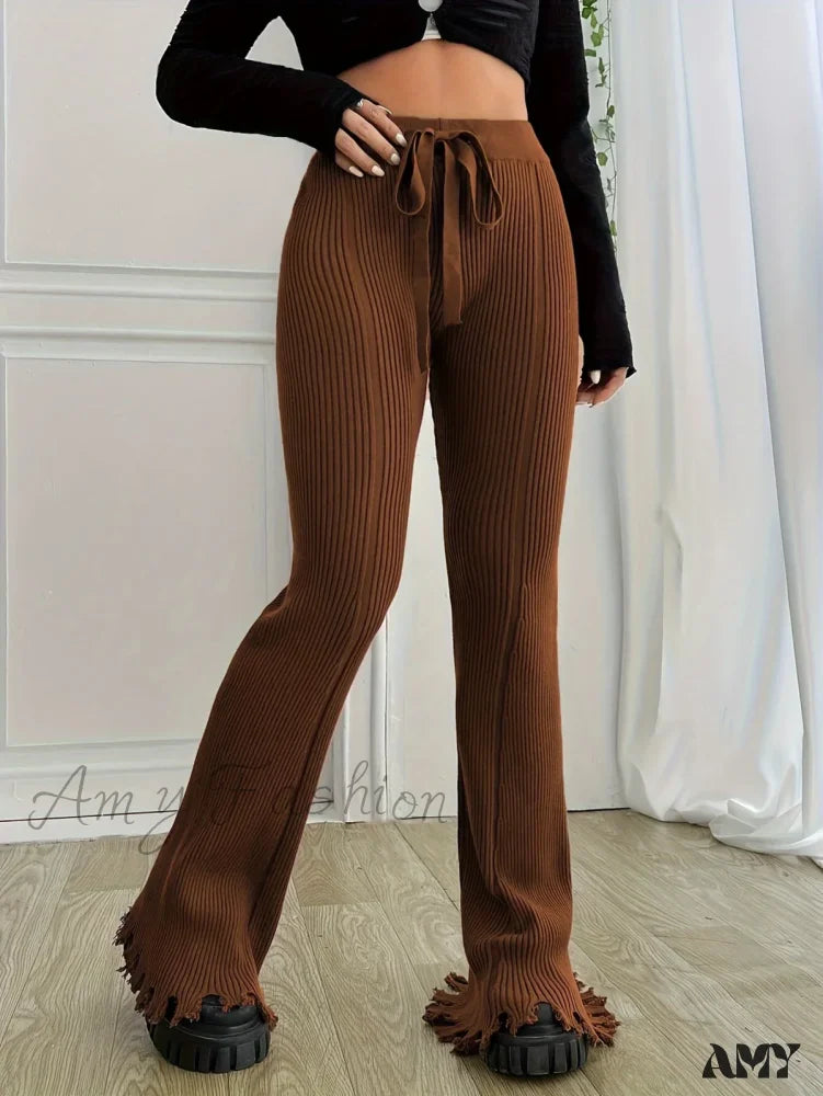 Ribbed Casual Forbidden Knit Women’s Everyday Pants Brown / S
