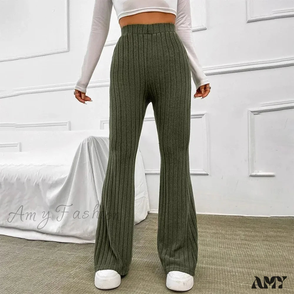 Ribbed Flare Mid Waist Slim Stretch Wide Leg Pants