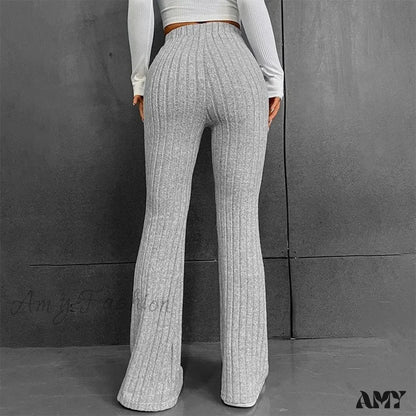 Ribbed Flare Mid Waist Slim Stretch Wide Leg Pants