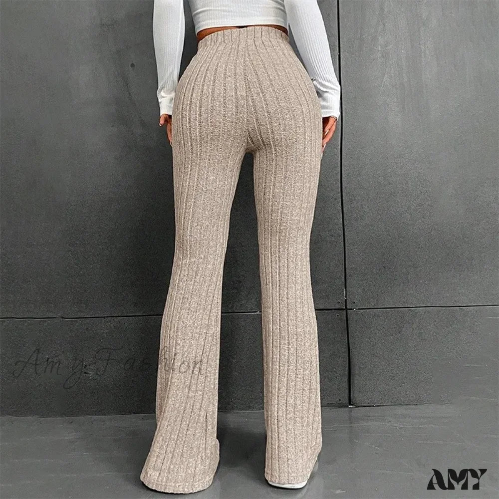 Ribbed Flare Mid Waist Slim Stretch Wide Leg Pants