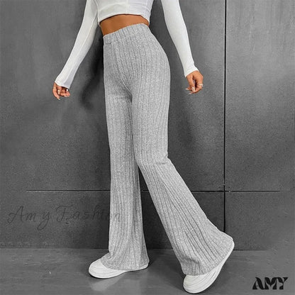 Ribbed Flare Mid Waist Slim Stretch Wide Leg Pants Gray / S