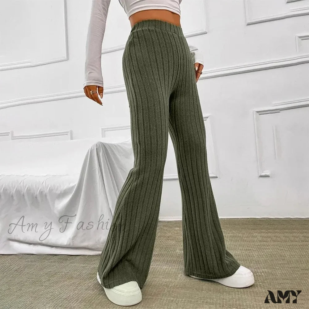 Ribbed Flare Mid Waist Slim Stretch Wide Leg Pants Green / S