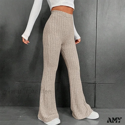 Ribbed Flare Mid Waist Slim Stretch Wide Leg Pants Khaki / S