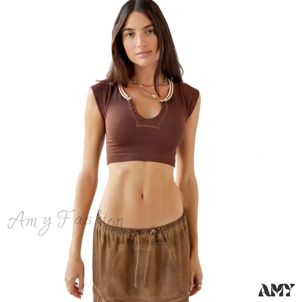 Ribbed V Neck Sleeveless Knitted Striped Aesthetic Summer Streetwear Crop Top Brown / S