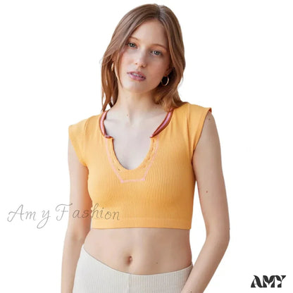 Ribbed V Neck Sleeveless Knitted Striped Aesthetic Summer Streetwear Crop Top Yellow / S